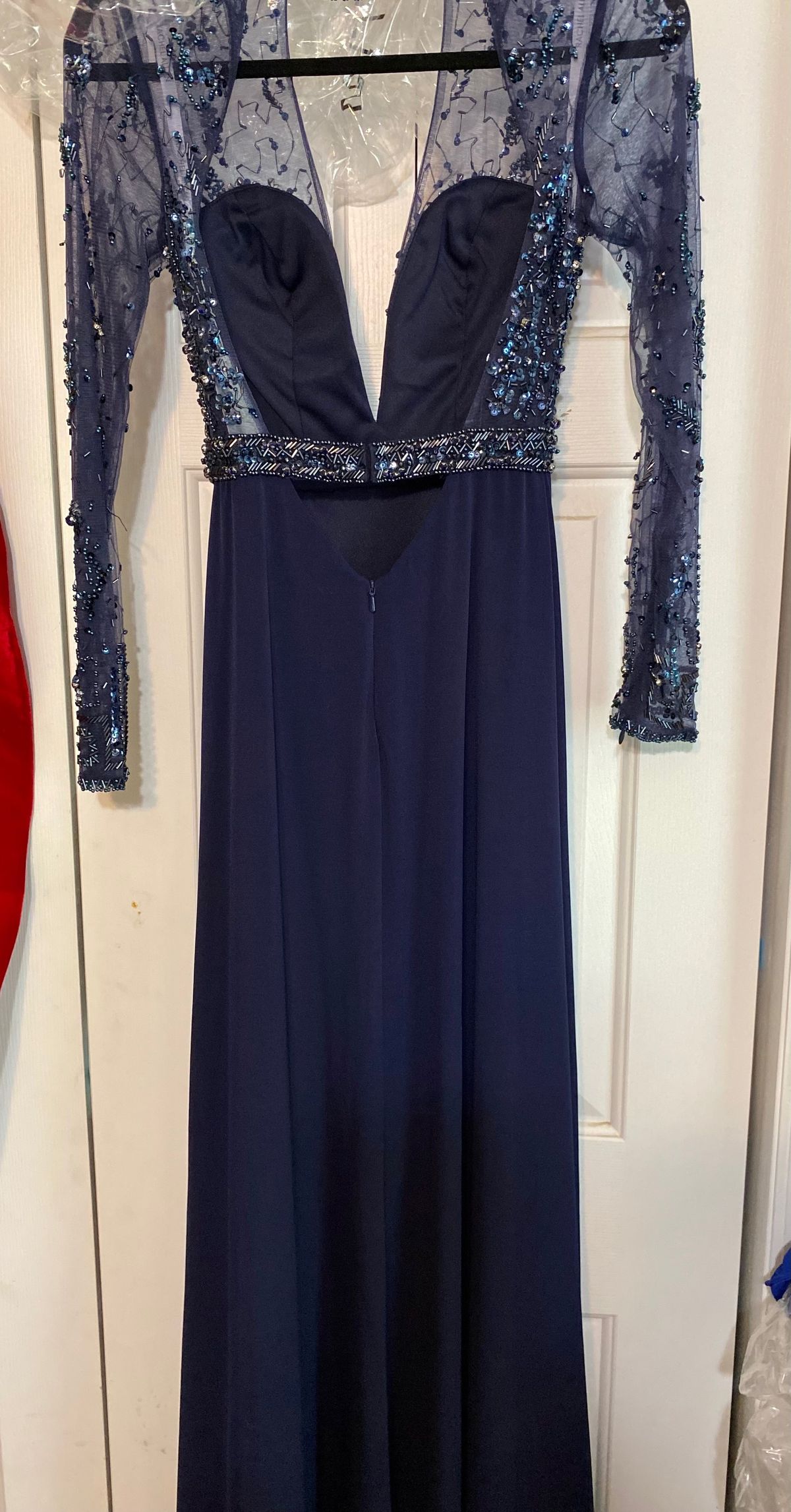Style 8285 Rachel Allan Size 0 Long Sleeve Navy Blue Side Slit Dress on Queenly