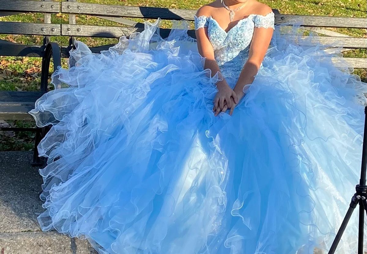 Jovani Size 4 Off The Shoulder Blue Ball Gown on Queenly