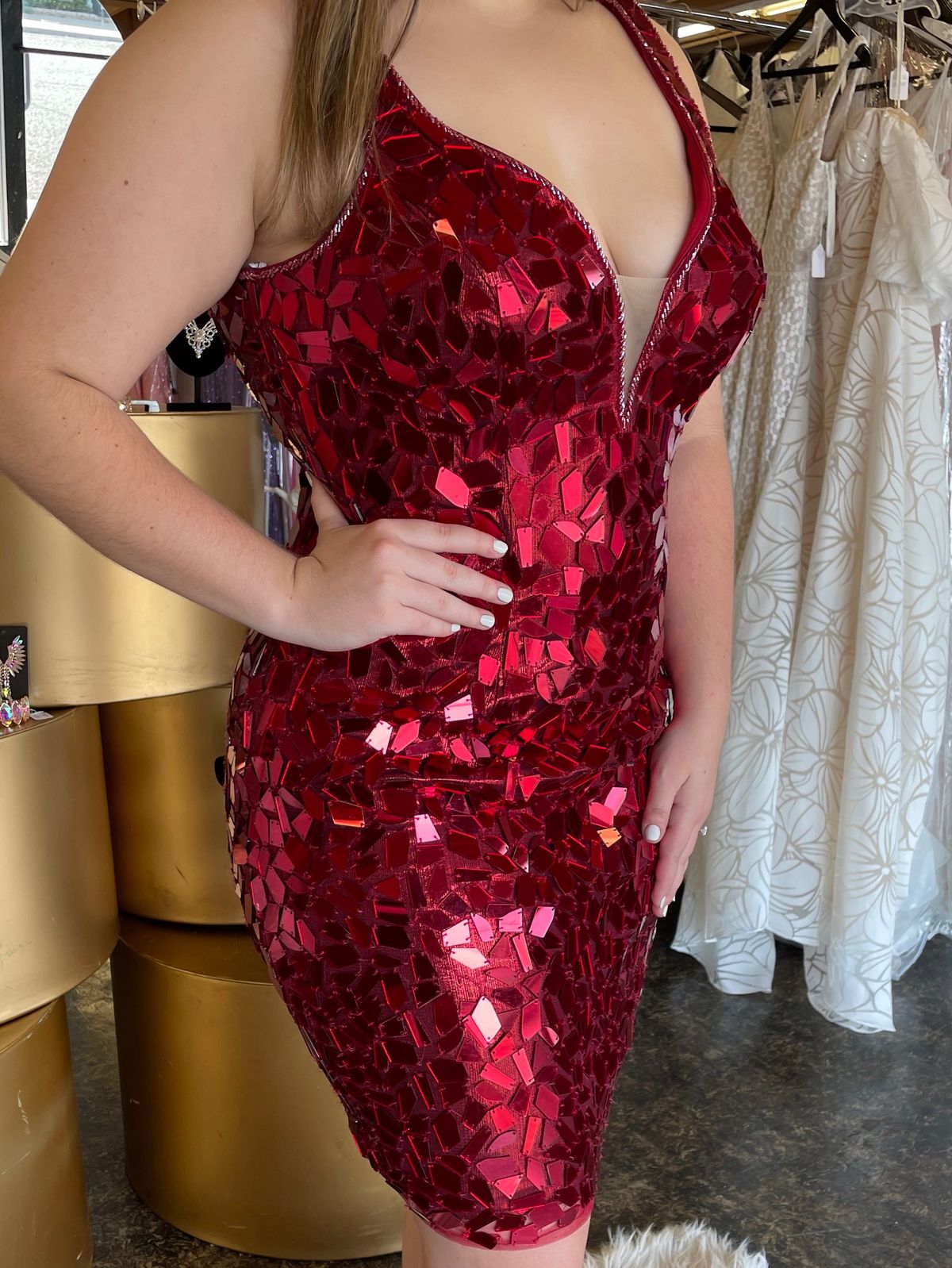Style 04517 Jovani Size 14 Homecoming Plunge Red Cocktail Dress on Queenly