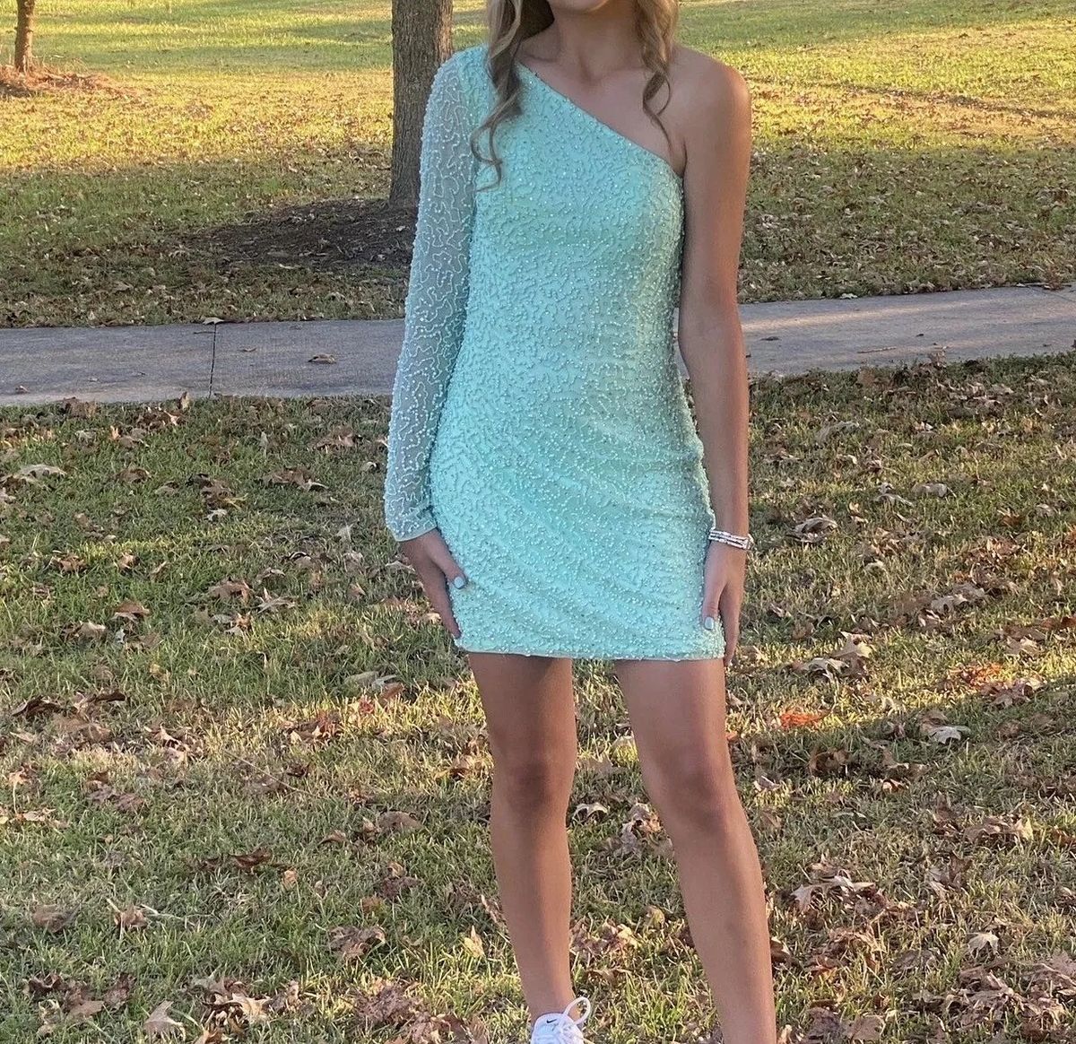 Style 3849 Primavera Size 2 Prom Long Sleeve Sequined Light Green Cocktail Dress on Queenly