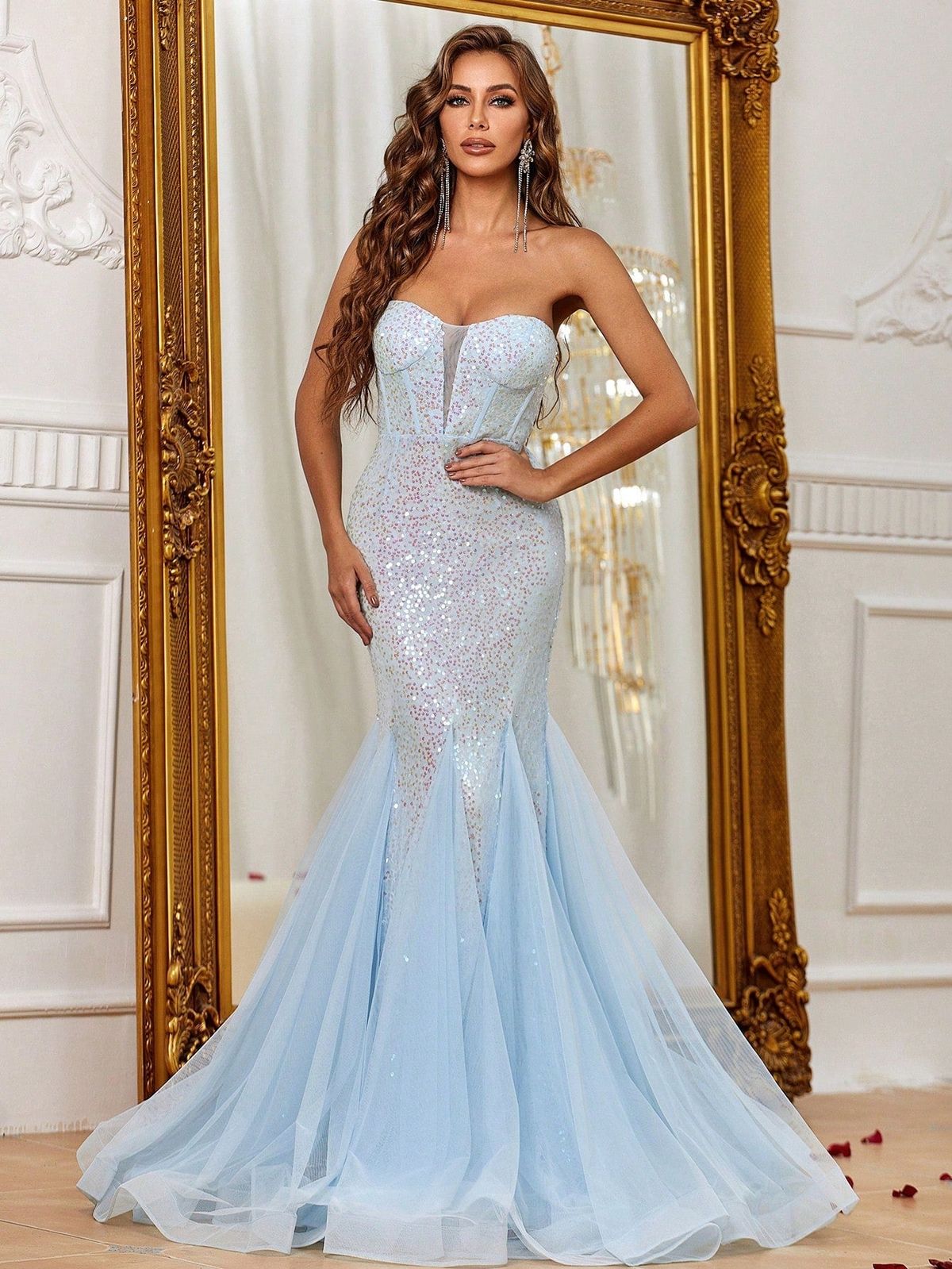 Style FSWD8081T Faeriesty Size XL Sheer Blue Mermaid Dress on Queenly