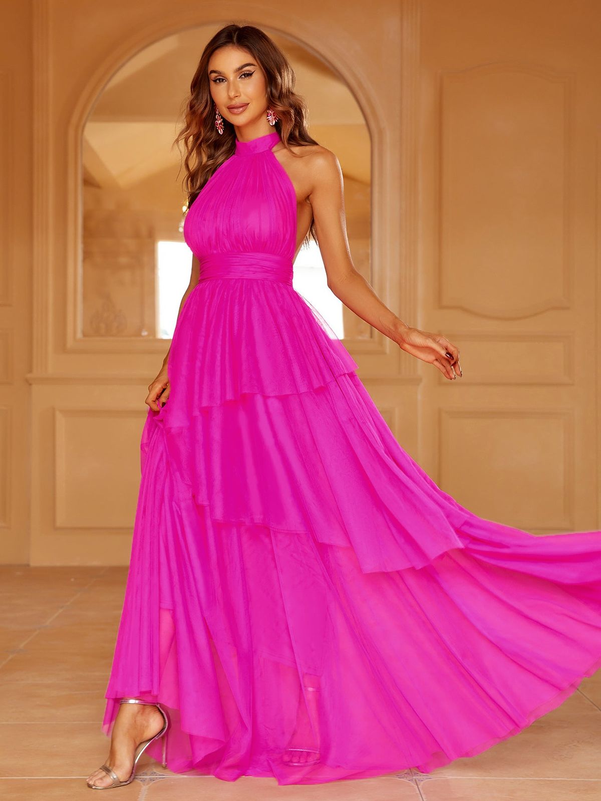 Style FSWD8100 Faeriesty Size XS Halter Sheer Hot Pink Floor Length Maxi on Queenly