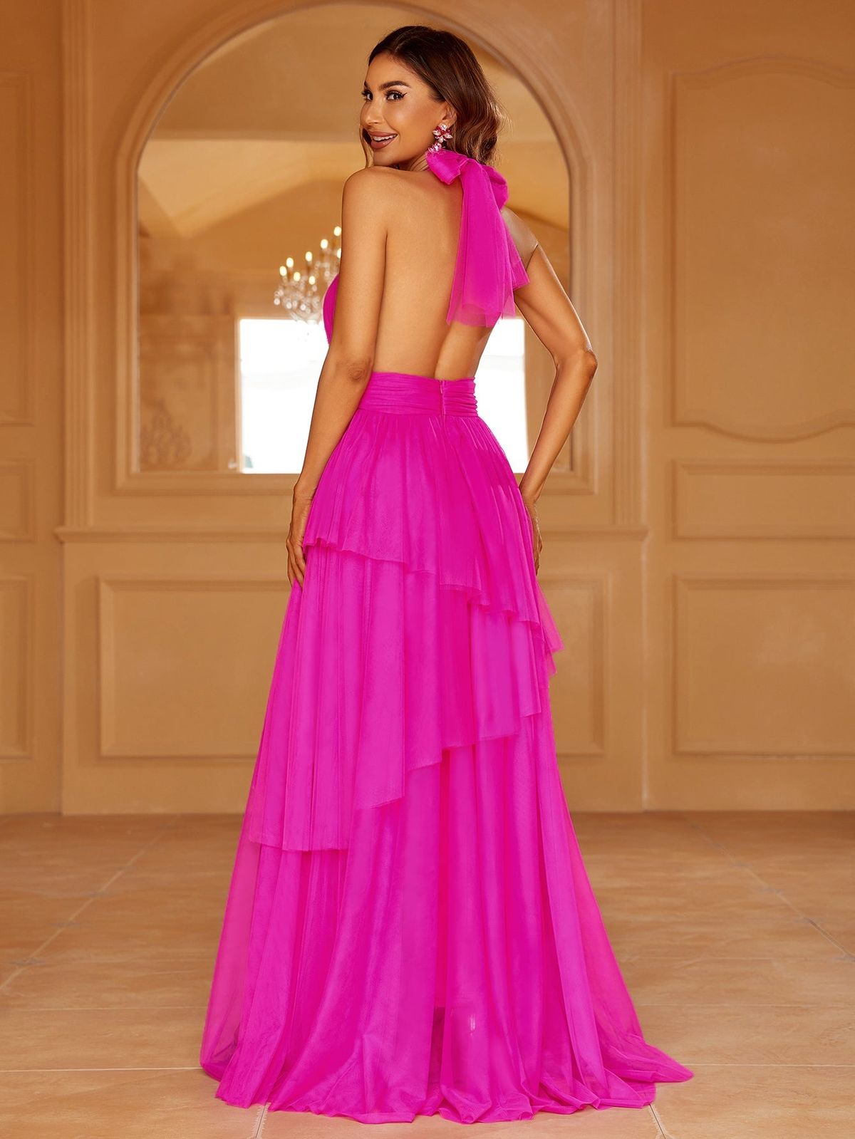 Style FSWD8100 Faeriesty Size M Halter Sheer Hot Pink Floor Length Maxi on Queenly
