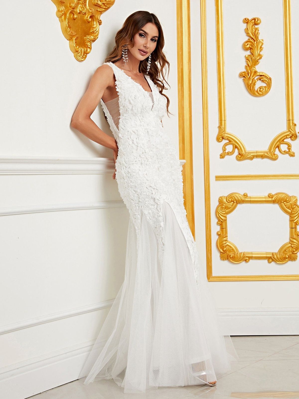 Style FSWD1111 Faeriesty Size M Plunge Sheer White Mermaid Dress on Queenly