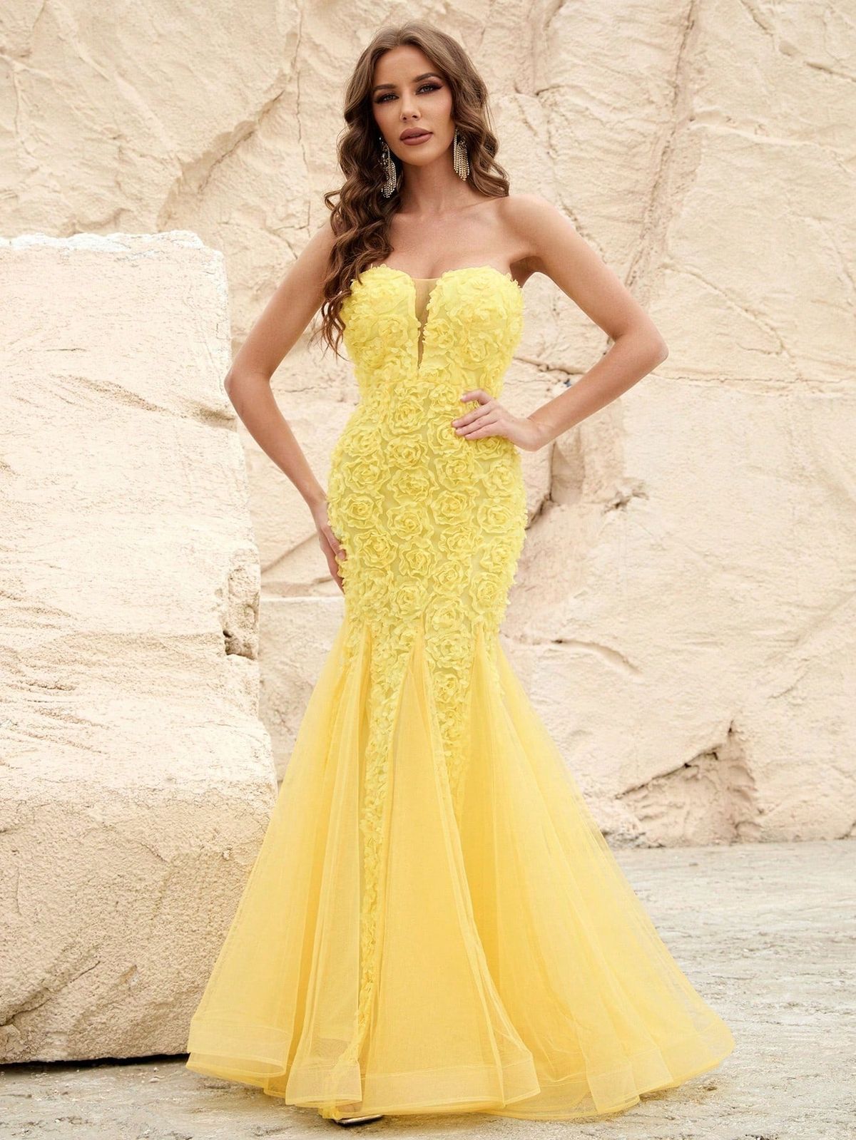 Style FSWD1227 Faeriesty Size XL Sheer Yellow Mermaid Dress on Queenly