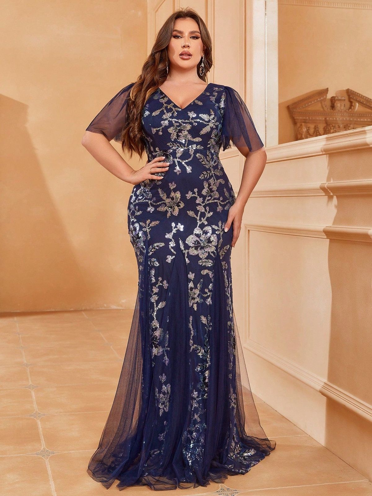 Style FSWD1170P Faeriesty Size 1X Prom Sheer Navy Blue Mermaid Dress on Queenly