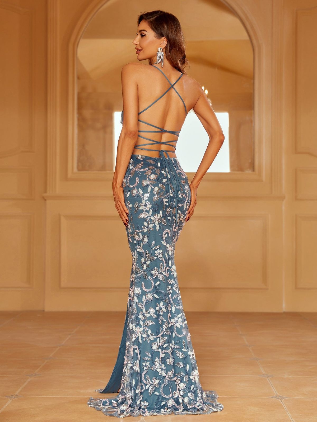Style LAWD8022 Faeriesty Size S Prom Halter Floral Blue Side Slit Dress on Queenly