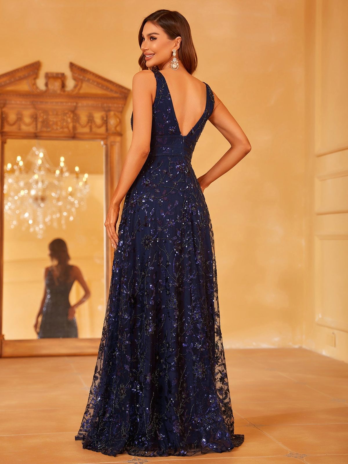 Style LAWD8016 Faeriesty Size XS Plunge Navy Blue Floor Length Maxi on Queenly