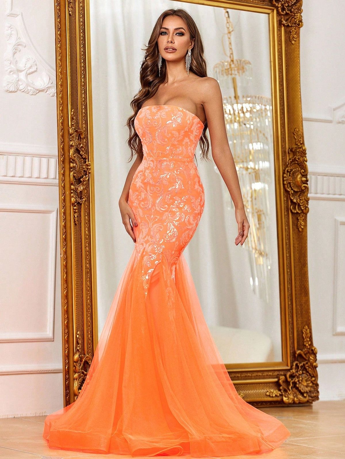 Style FSWD1168 Faeriesty Size M Sheer Orange Mermaid Dress on Queenly