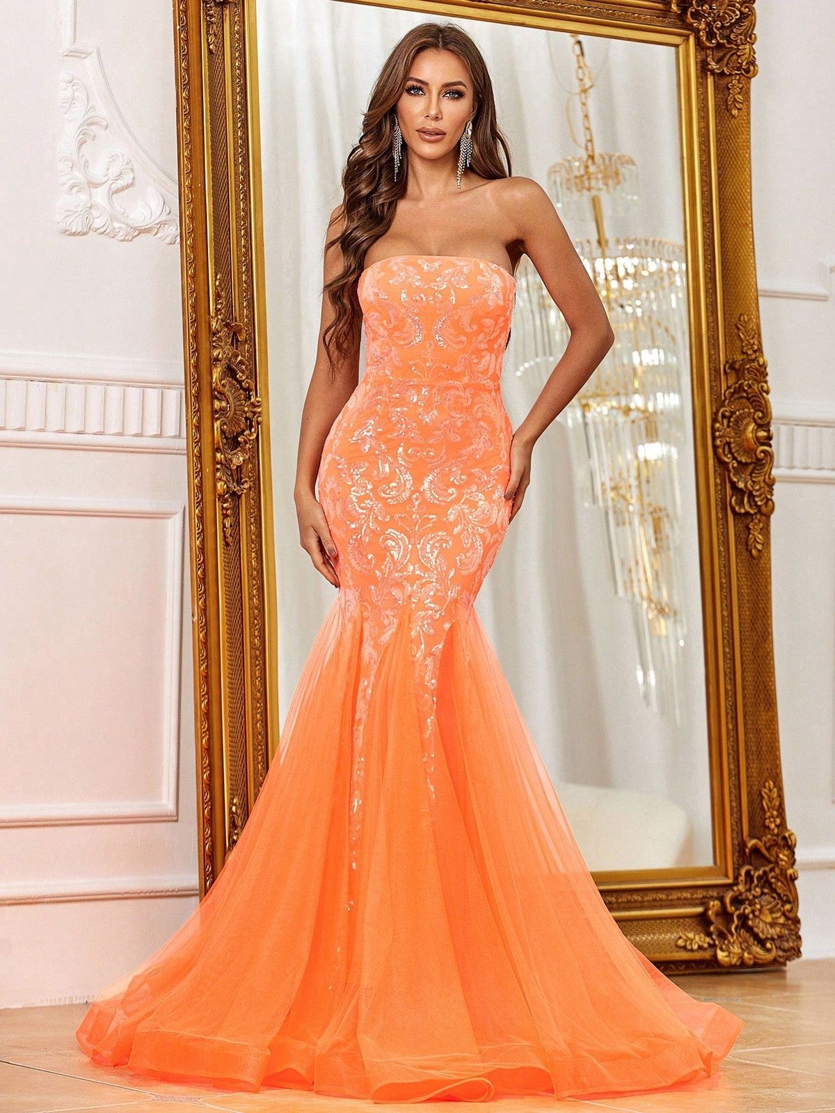 Style FSWD1168 Faeriesty Size M Sheer Orange Mermaid Dress on Queenly