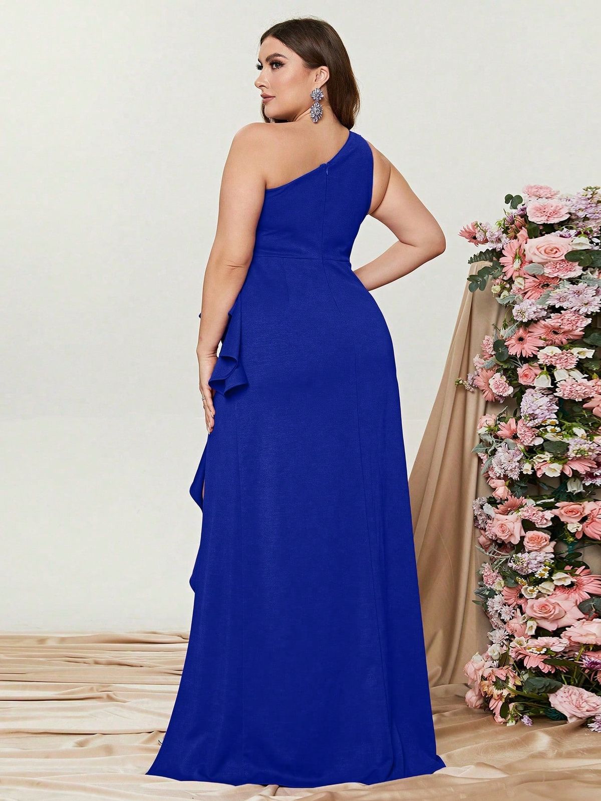 Style FSWD0826P Faeriesty Size 2X One Shoulder Royal Blue Side Slit Dress on Queenly
