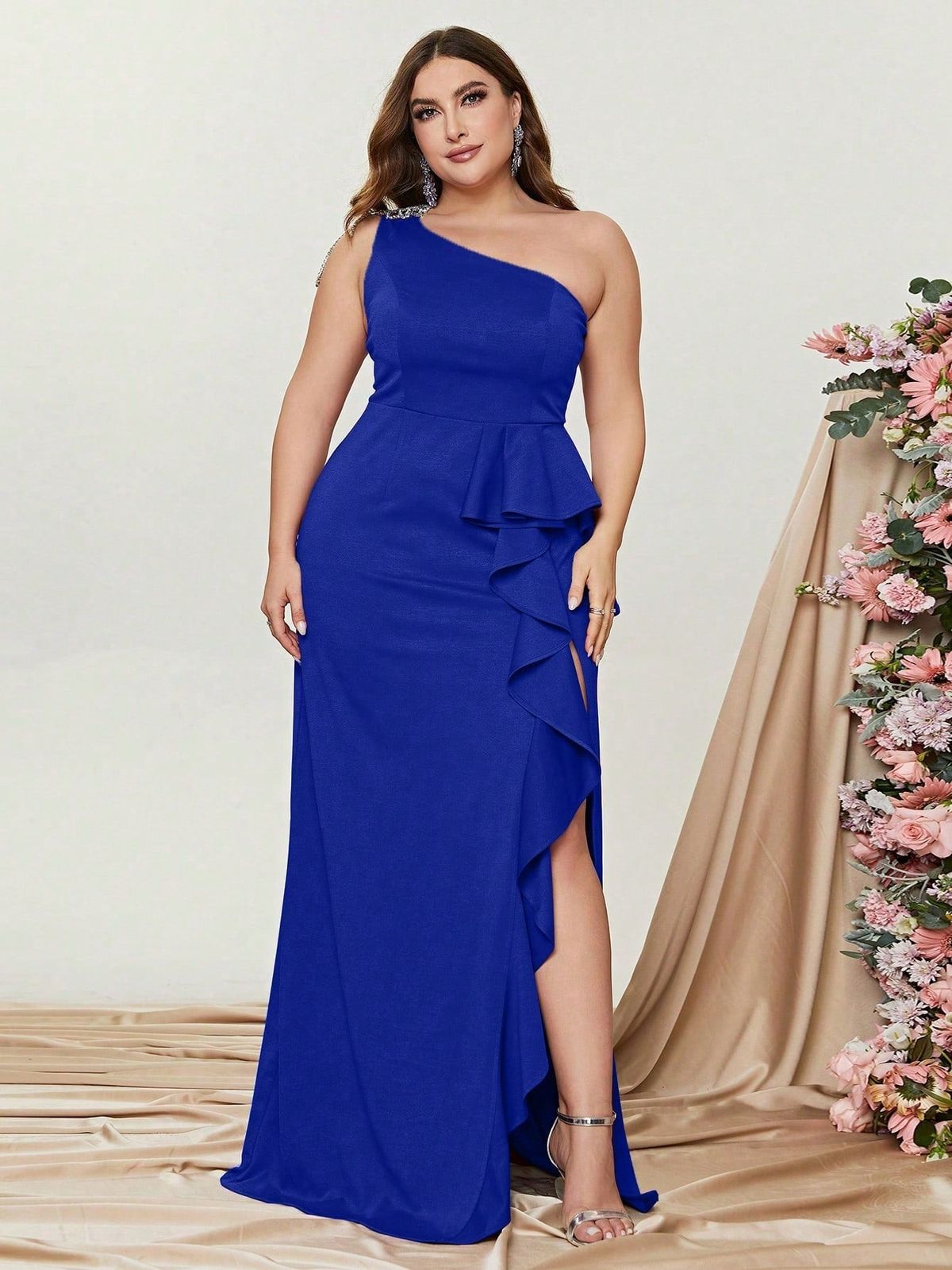 Style FSWD0826P Faeriesty Size 3X One Shoulder Royal Blue Side Slit Dress on Queenly