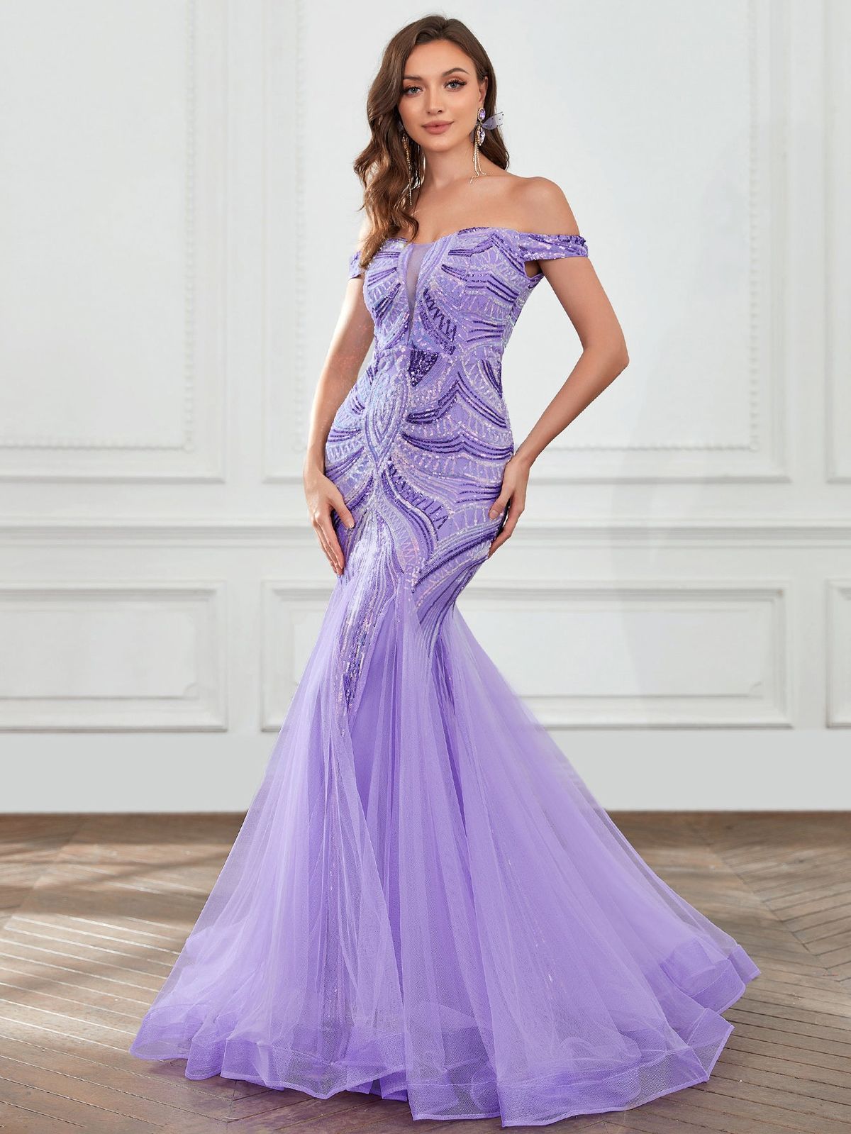 Style FSWD1159 Faeriesty Size XS Off The Shoulder Sheer Purple Mermaid Dress on Queenly