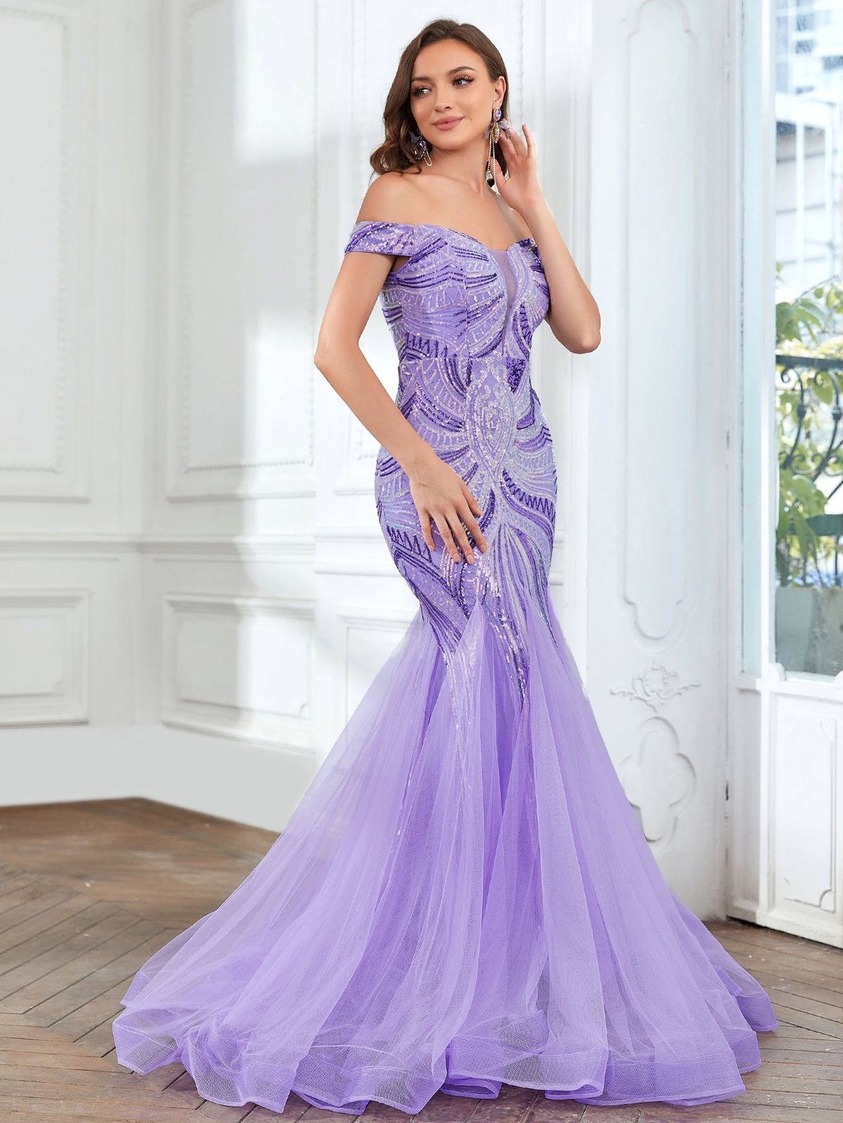 Style FSWD1159 Faeriesty Size XL Off The Shoulder Sheer Purple Mermaid Dress on Queenly