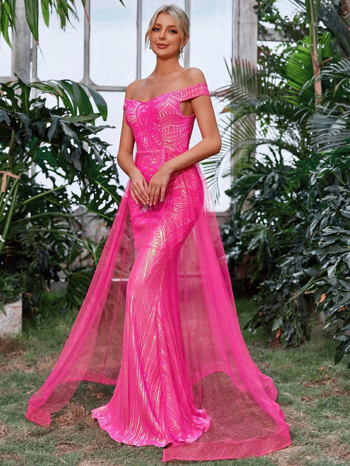 Style FSWD1163 Faeriesty Size S Off The Shoulder Sheer Hot Pink Mermaid Dress on Queenly