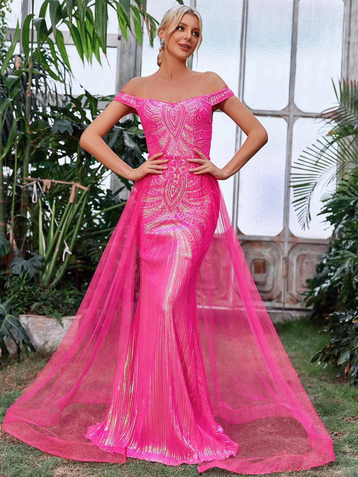 Style FSWD1163 Faeriesty Size S Off The Shoulder Sheer Hot Pink Mermaid Dress on Queenly