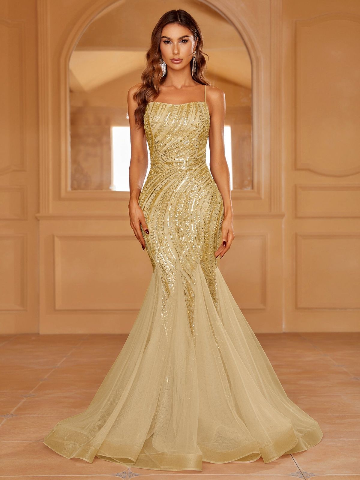 Style LAWD8043 Faeriesty Size XS Sheer Gold Mermaid Dress on Queenly