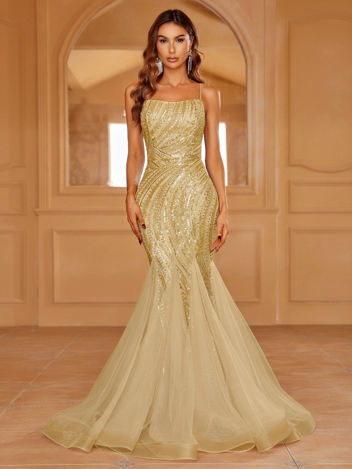 Style LAWD8043 Faeriesty Size S Sheer Gold Mermaid Dress on Queenly