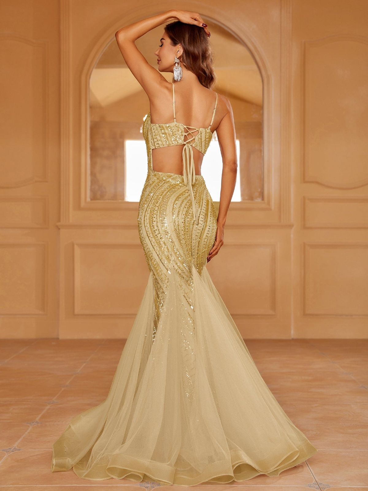 Style LAWD8043 Faeriesty Size M Sheer Gold Mermaid Dress on Queenly