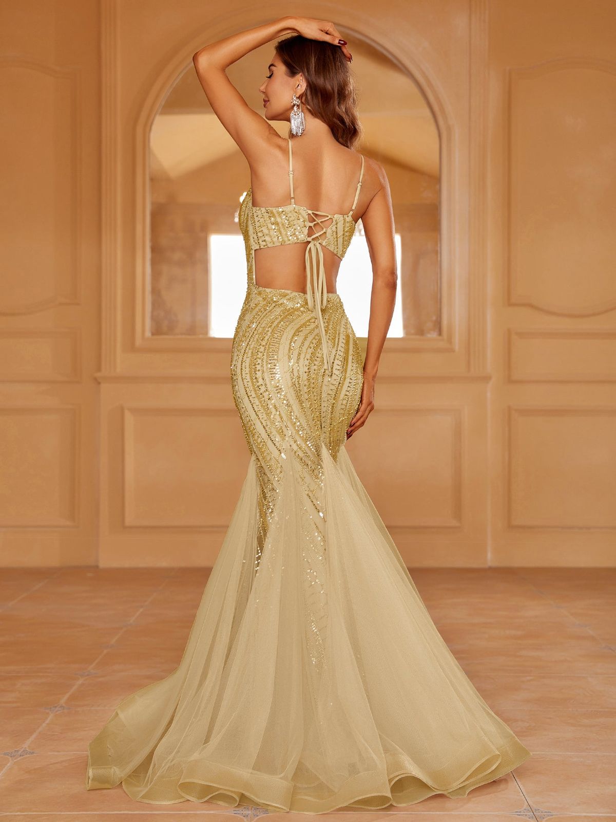 Style LAWD8043 Faeriesty Size XL Sheer Gold Mermaid Dress on Queenly