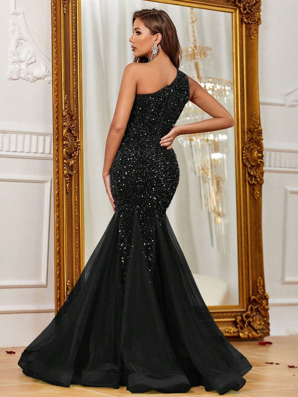 Style FSWD1150 Faeriesty Size XS One Shoulder Sheer Black Mermaid Dress on Queenly