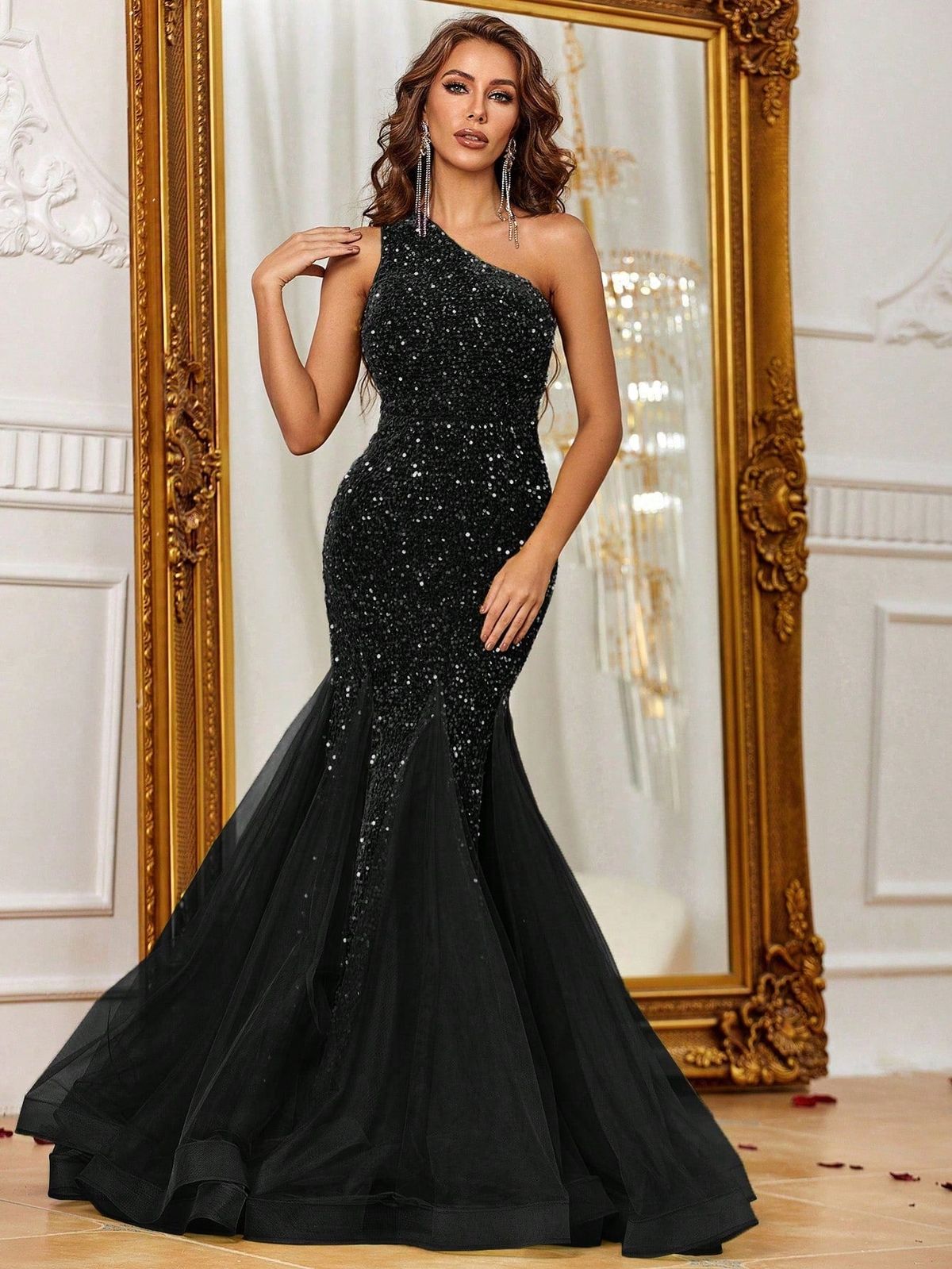 Style FSWD1150 Faeriesty Size XS One Shoulder Sheer Black Mermaid Dress on Queenly