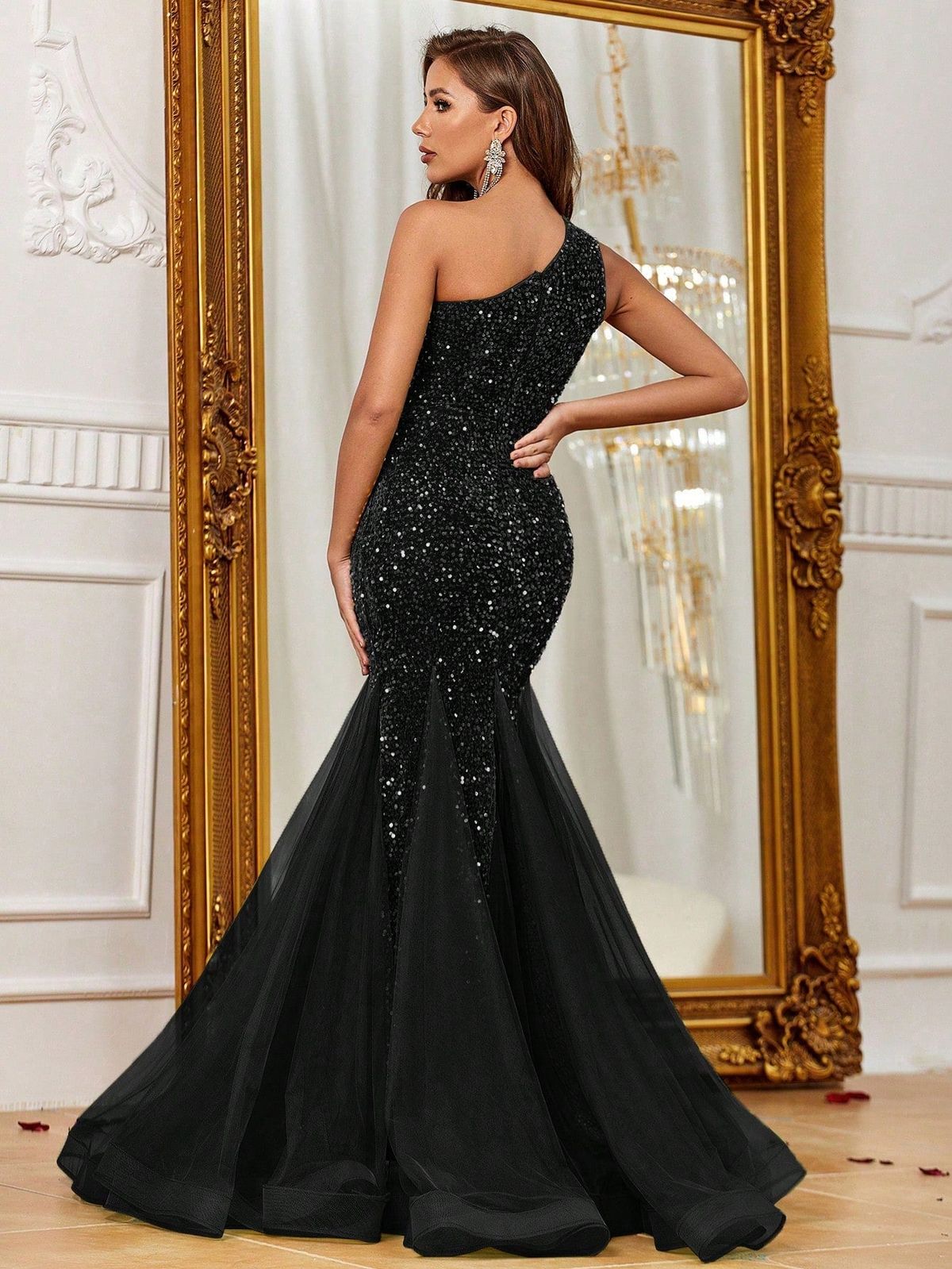 Style FSWD1150 Faeriesty Size S One Shoulder Sheer Black Mermaid Dress on Queenly