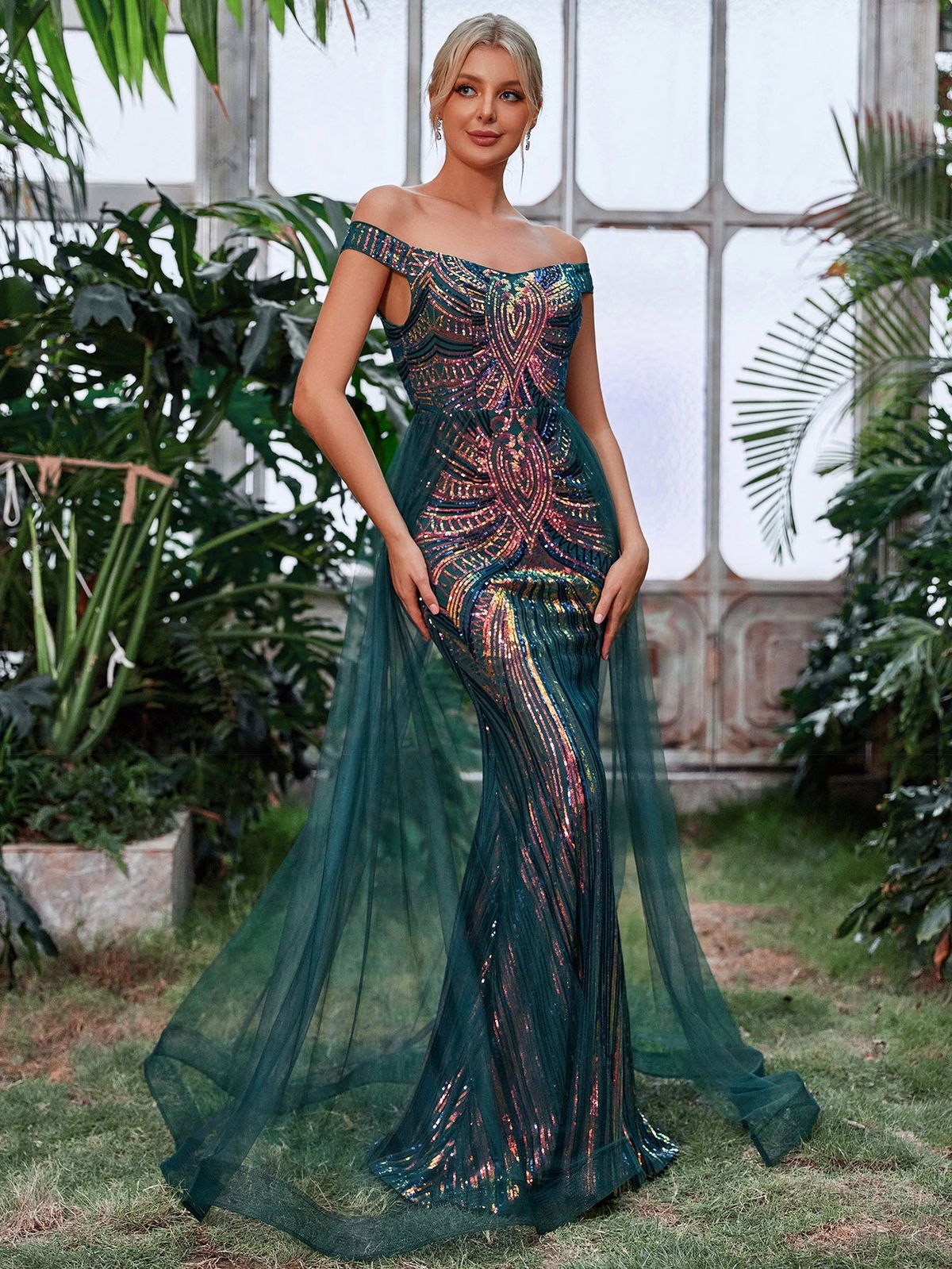 Style FSWD1163 Faeriesty Size XS Off The Shoulder Sheer Green Mermaid Dress on Queenly