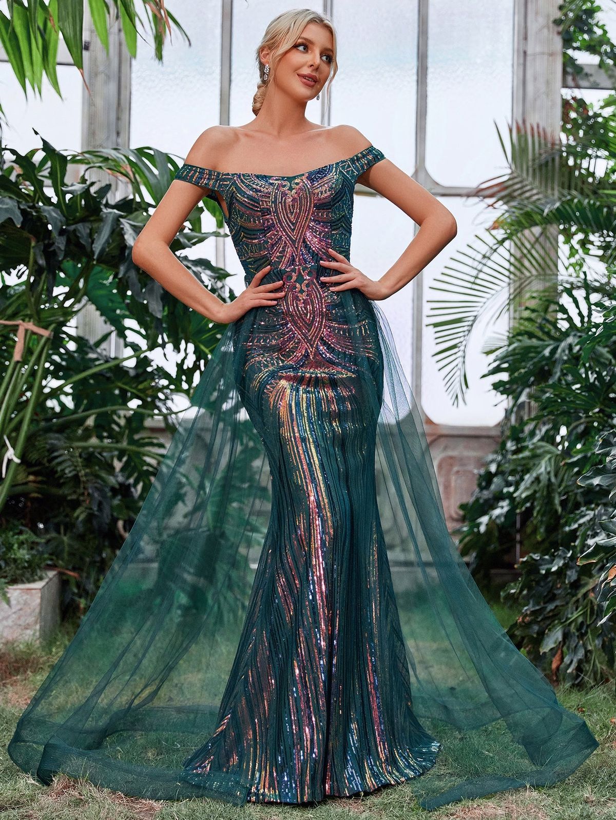 Style FSWD1163 Faeriesty Size M Off The Shoulder Sheer Green Mermaid Dress on Queenly