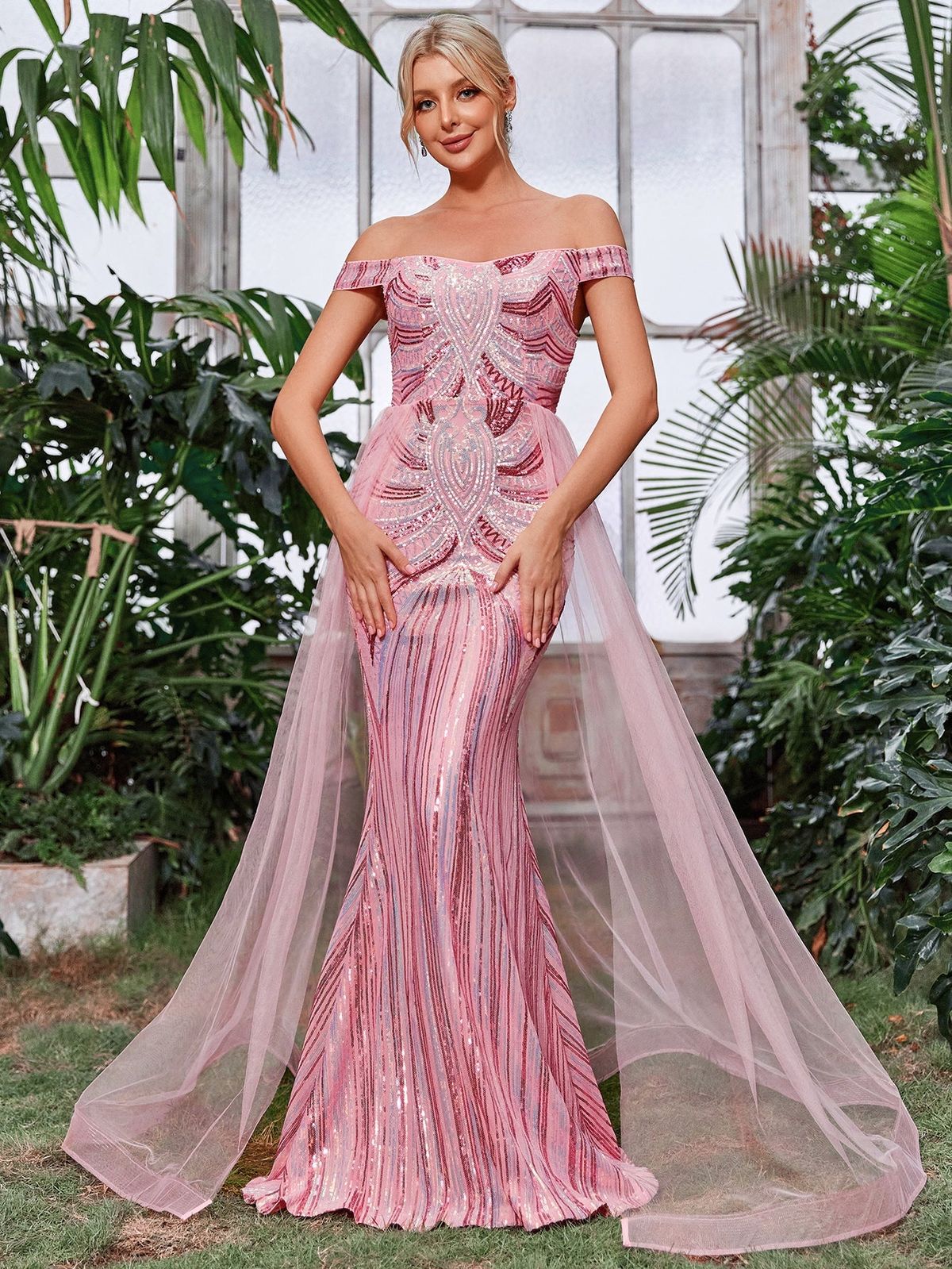 Style FSWD1163 Faeriesty Size S Off The Shoulder Sheer Pink Mermaid Dress on Queenly