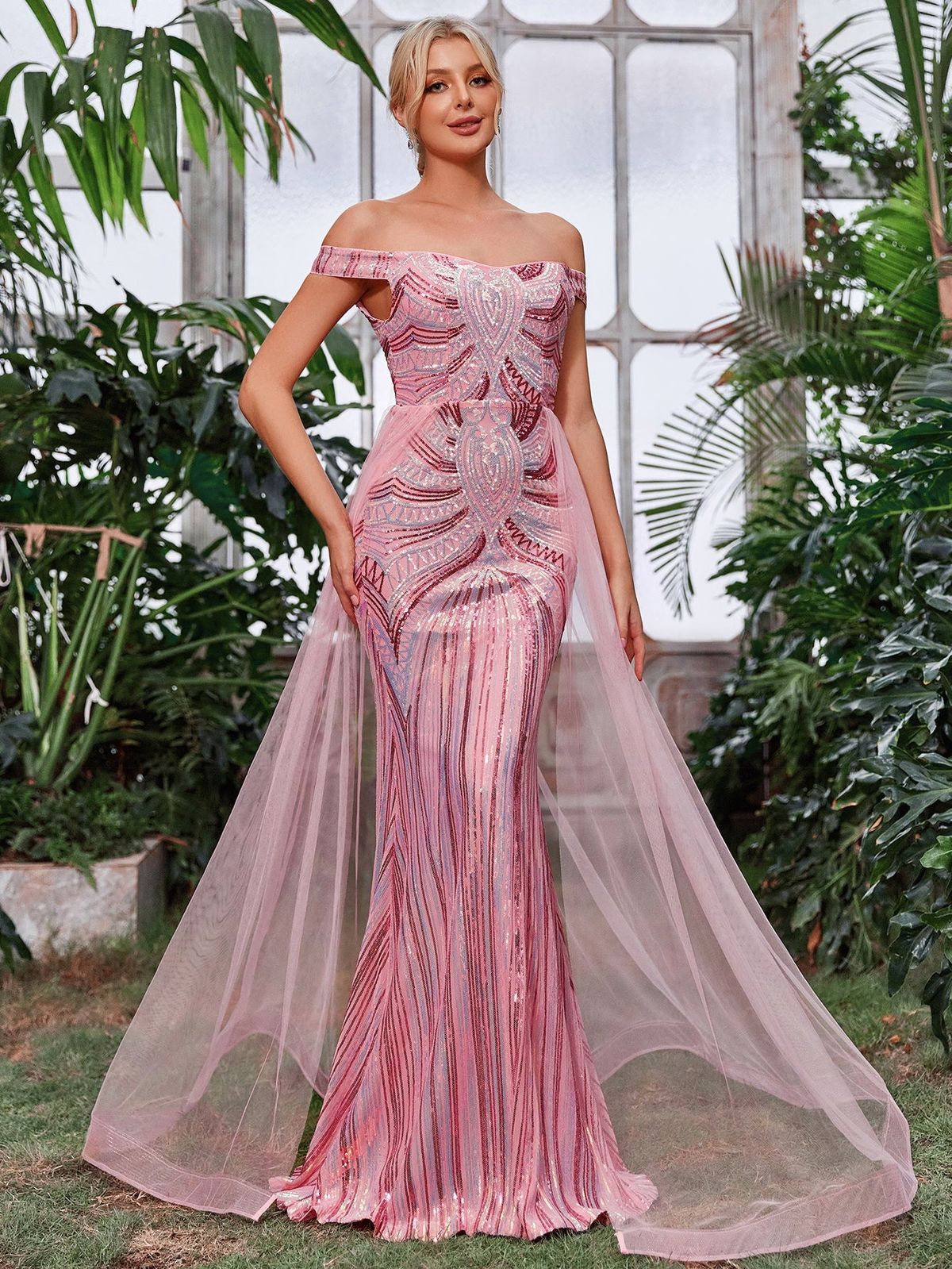 Style FSWD1163 Faeriesty Size M Off The Shoulder Sheer Pink Mermaid Dress on Queenly