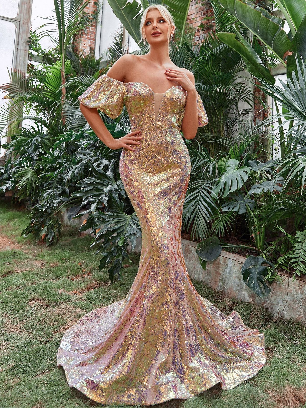 Style FSWD1482 Faeriesty Size S Prom Off The Shoulder Gold Mermaid Dress on Queenly