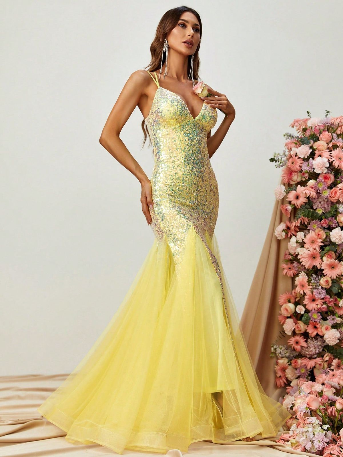 Style FSWD1276 Faeriesty Size S Plunge Sheer Yellow Mermaid Dress on Queenly