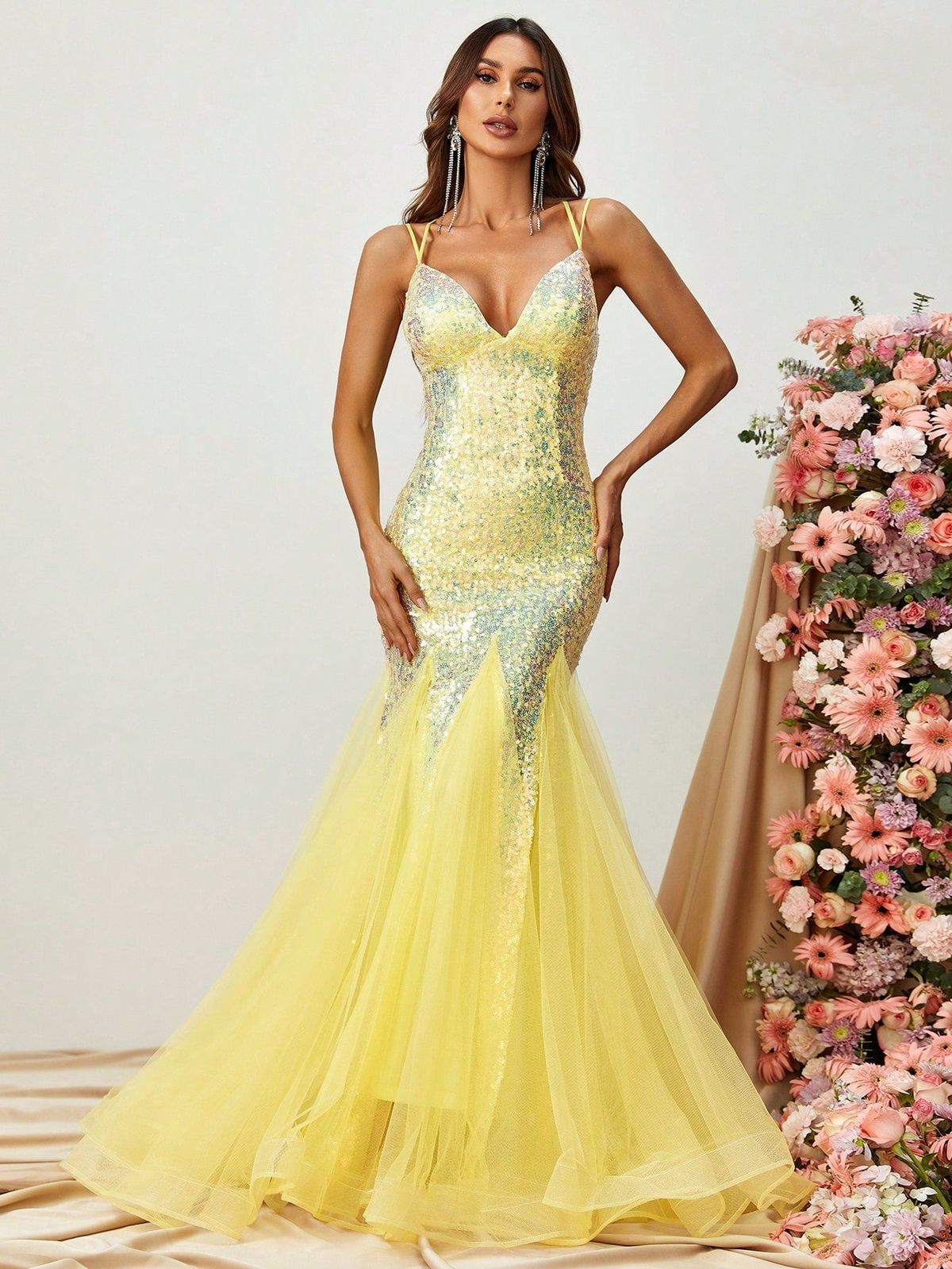 Style FSWD1276 Faeriesty Size XL Plunge Sheer Yellow Mermaid Dress on Queenly