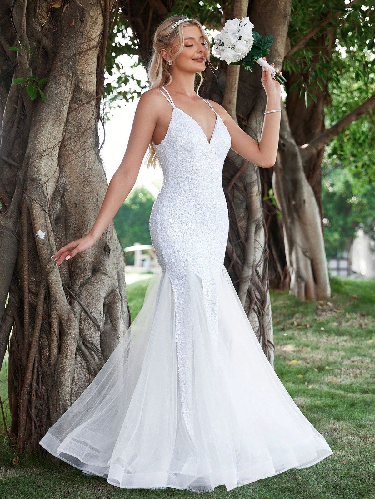 Style FSWD1652 Faeriesty Size M Sheer White Mermaid Dress on Queenly