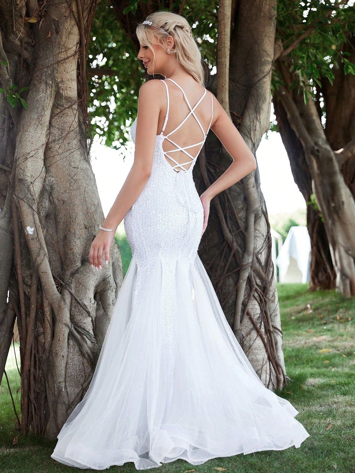 Style FSWD1652 Faeriesty Size L Sheer White Mermaid Dress on Queenly