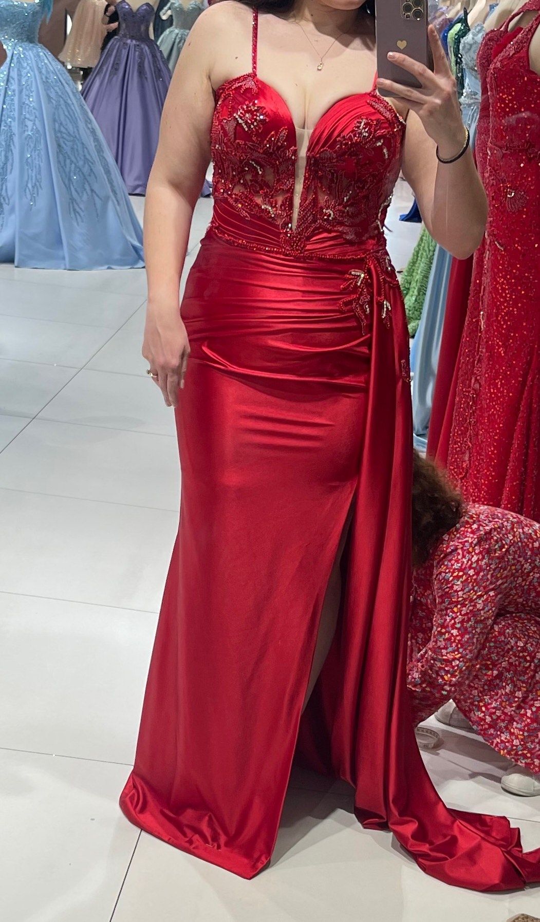 Size 14 Prom Plunge Red Side Slit Dress on Queenly