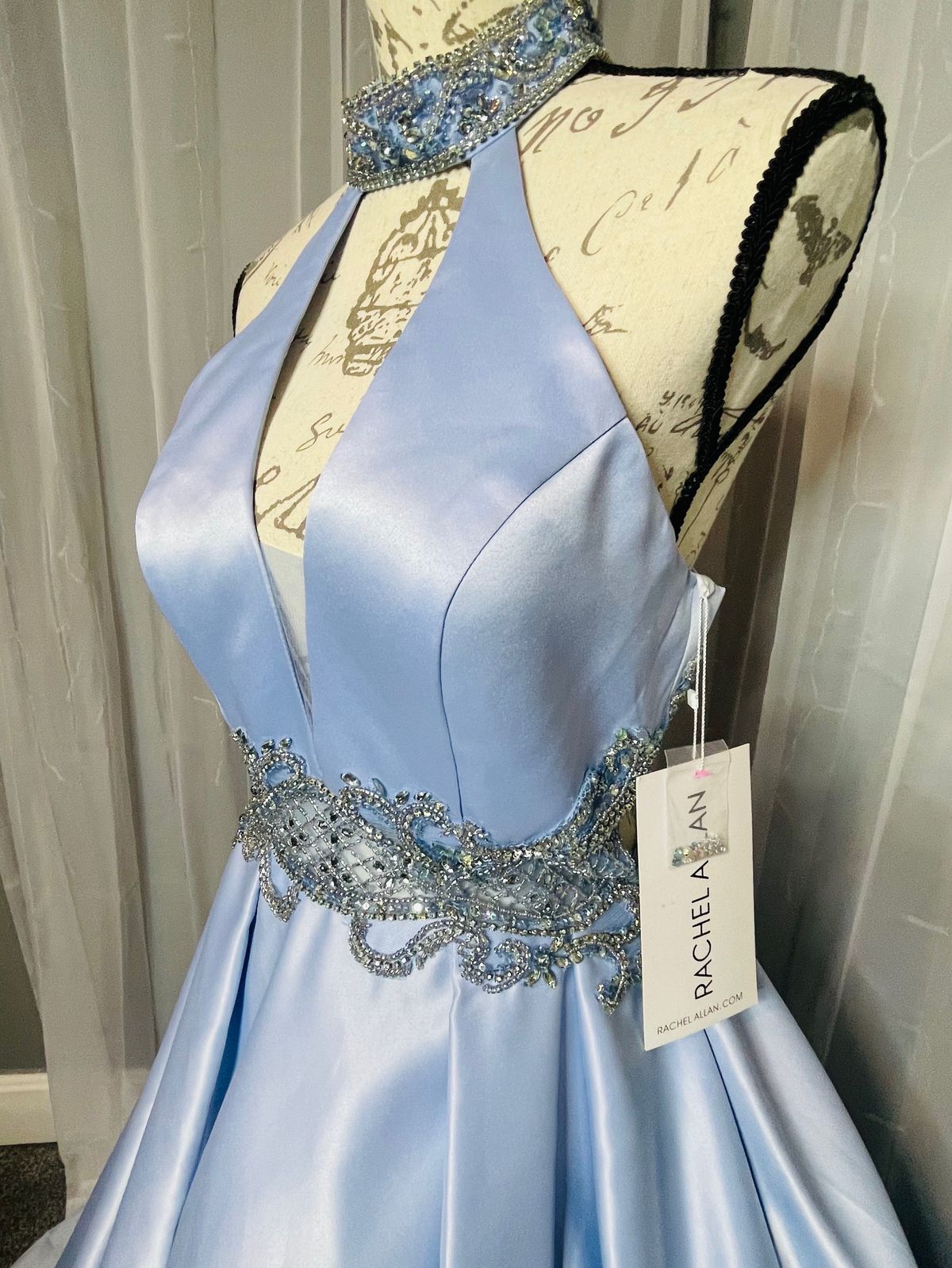 Style 6528 Rachel Allan Size 4 Prom High Neck Sheer Blue Ball Gown on Queenly