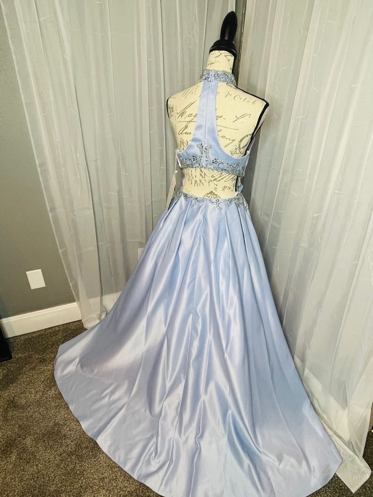 Style 6528 Rachel Allan Size 4 Prom High Neck Sheer Blue Ball Gown on Queenly