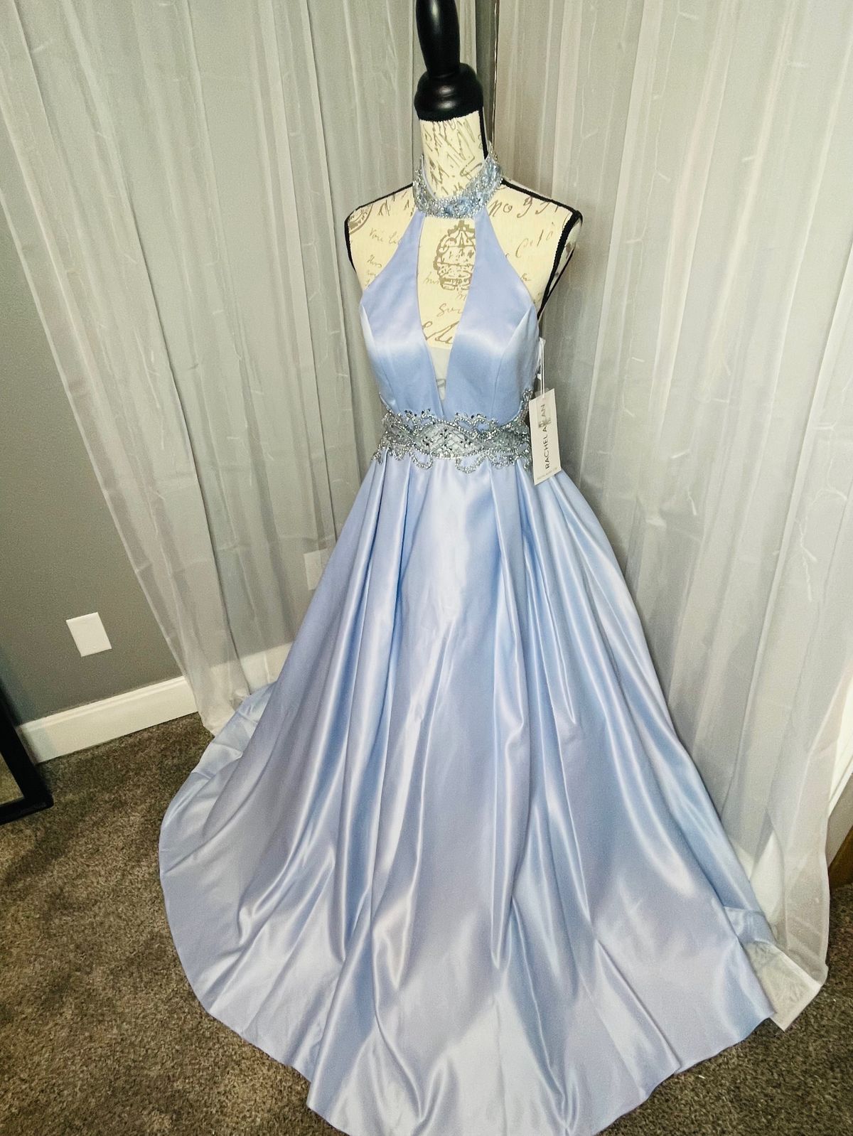 Style 6528 Rachel Allan Size 4 Prom High Neck Sheer Blue Ball Gown on Queenly
