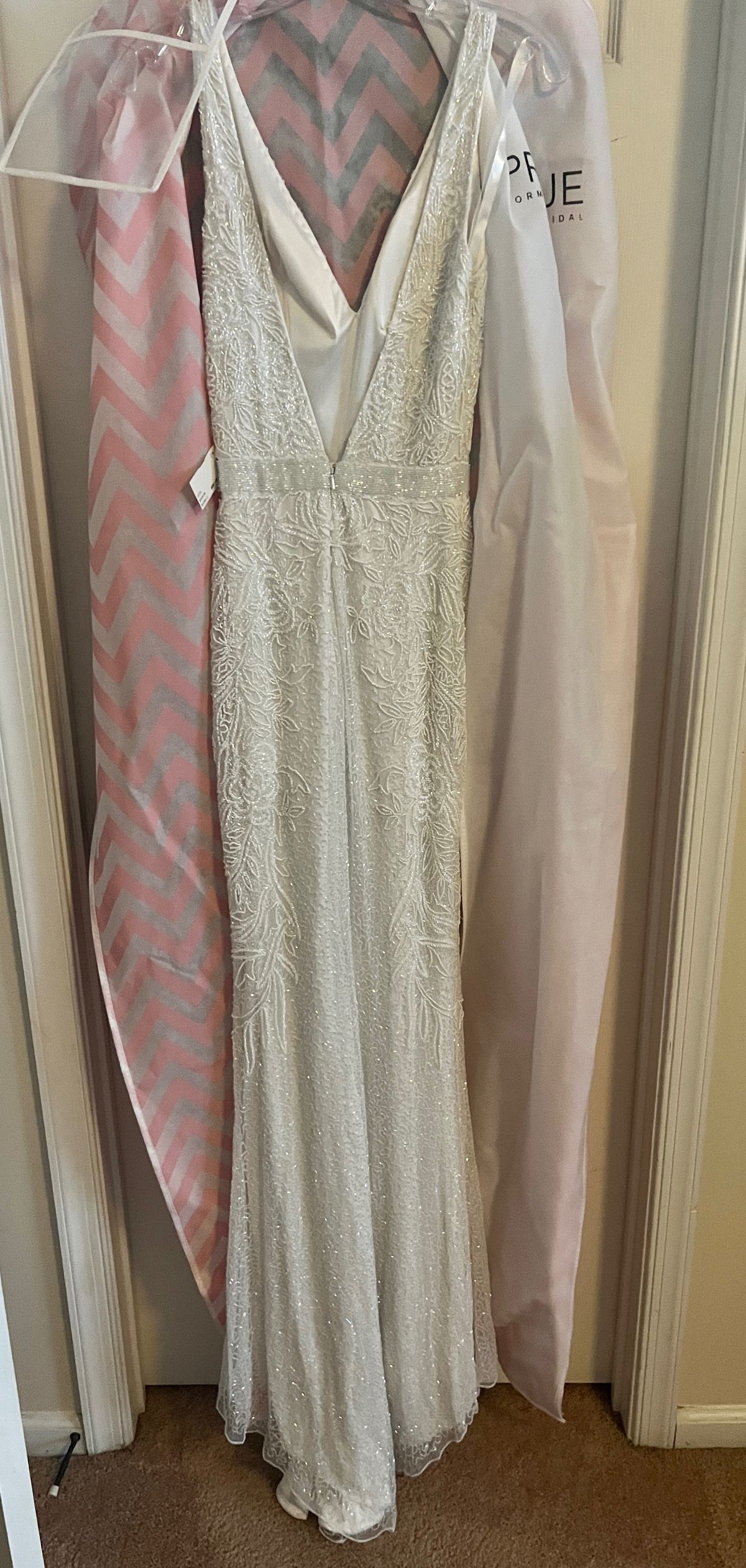 Style 3725 Primavera Size 2 Wedding Plunge White Side Slit Dress on Queenly