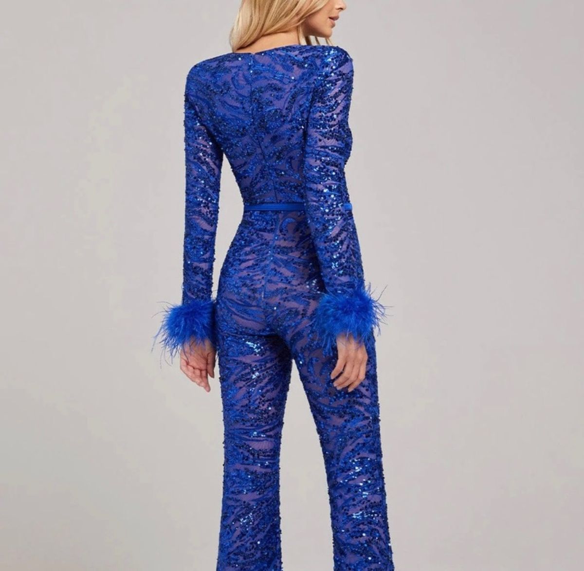 Size 0 Prom Plunge Sequined Royal Blue Formal Jumpsuit on Queenly