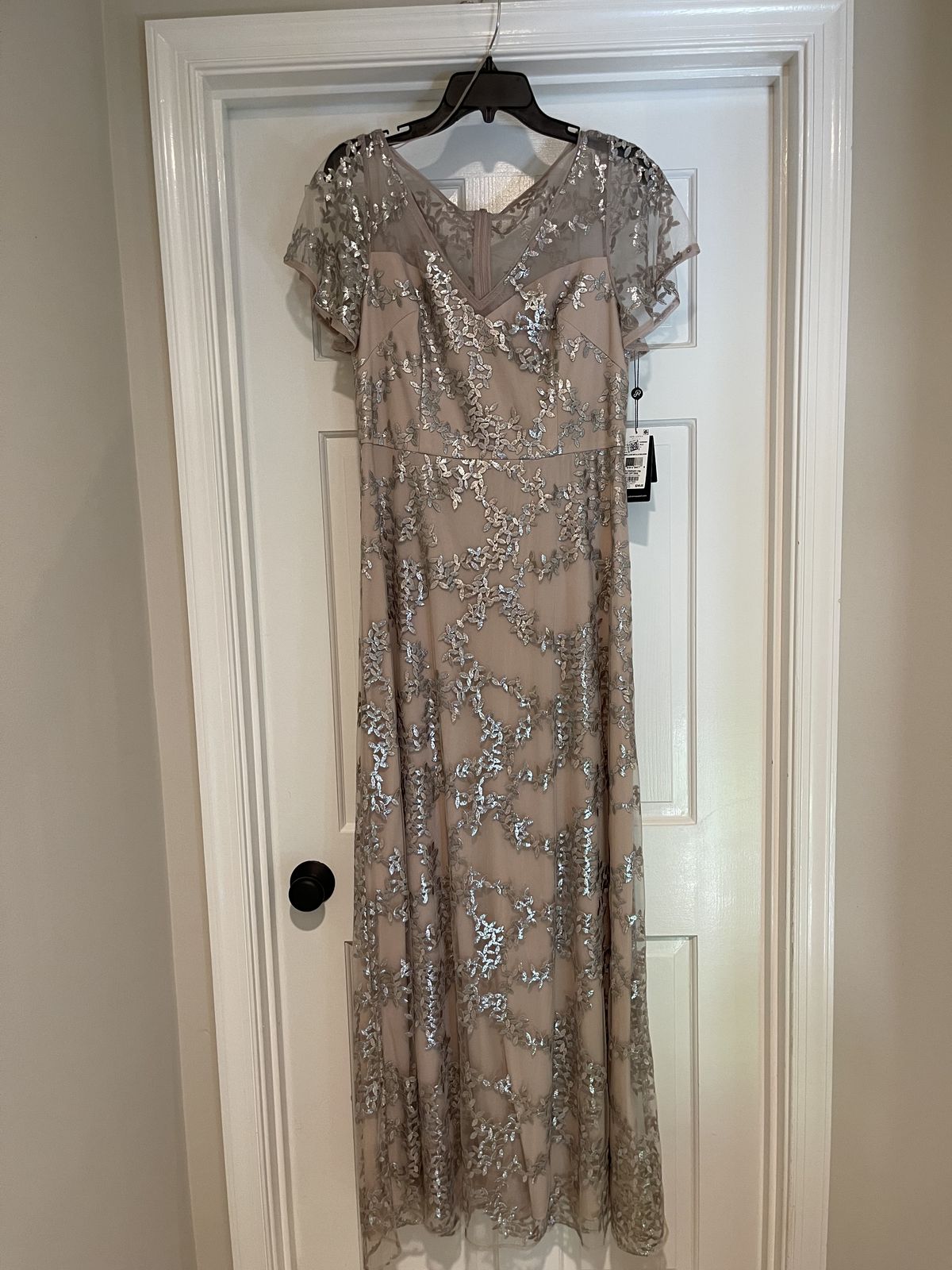 Adrianna Papell Size 10 Bridesmaid Cap Sleeve Sheer Nude A-line Dress on Queenly