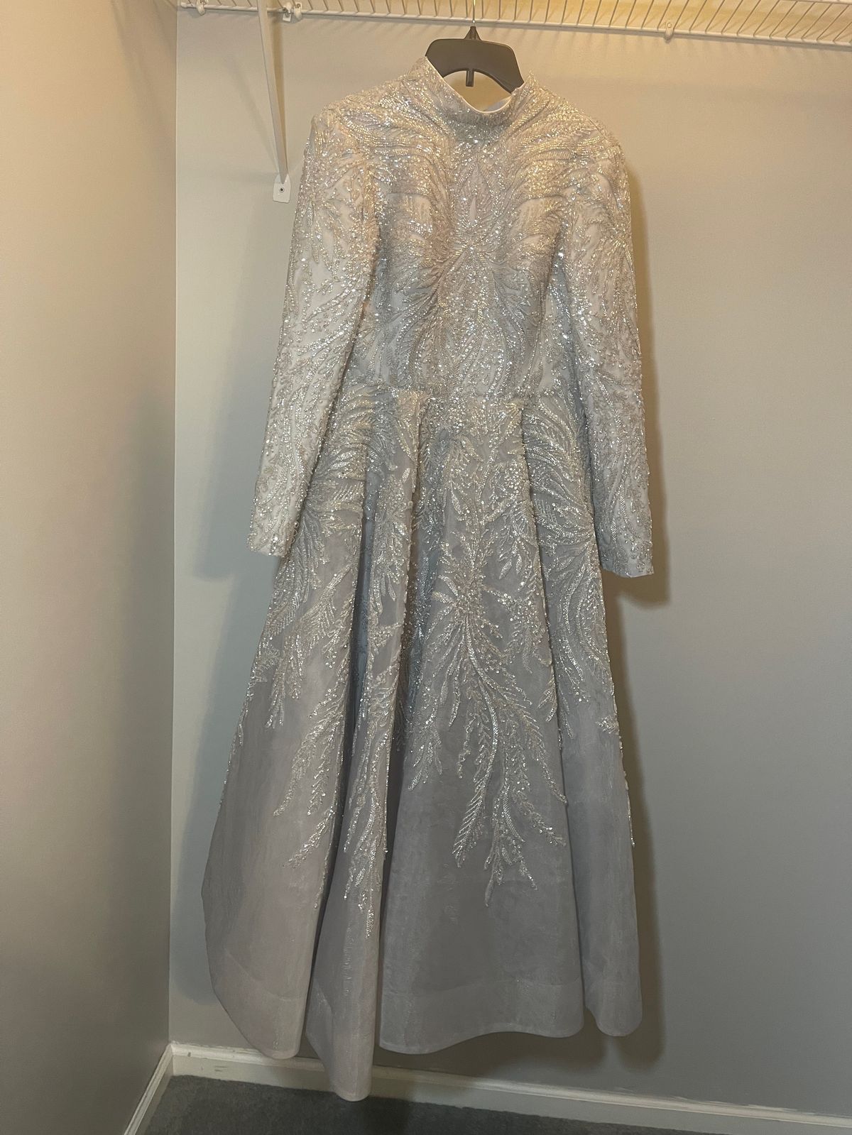 Size M Prom Long Sleeve Silver Ball Gown on Queenly
