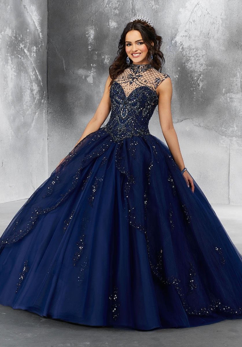 Style 89197 MoriLee Size 10 High Neck Blue Ball Gown on Queenly