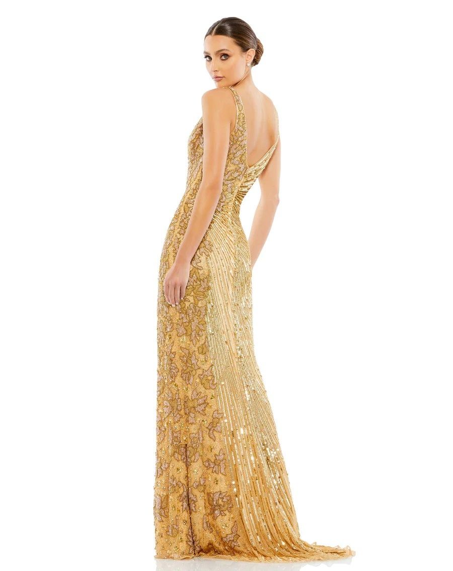 Mac Duggal Size 0 Prom Plunge Sequined Gold Side Slit Dress on Queenly