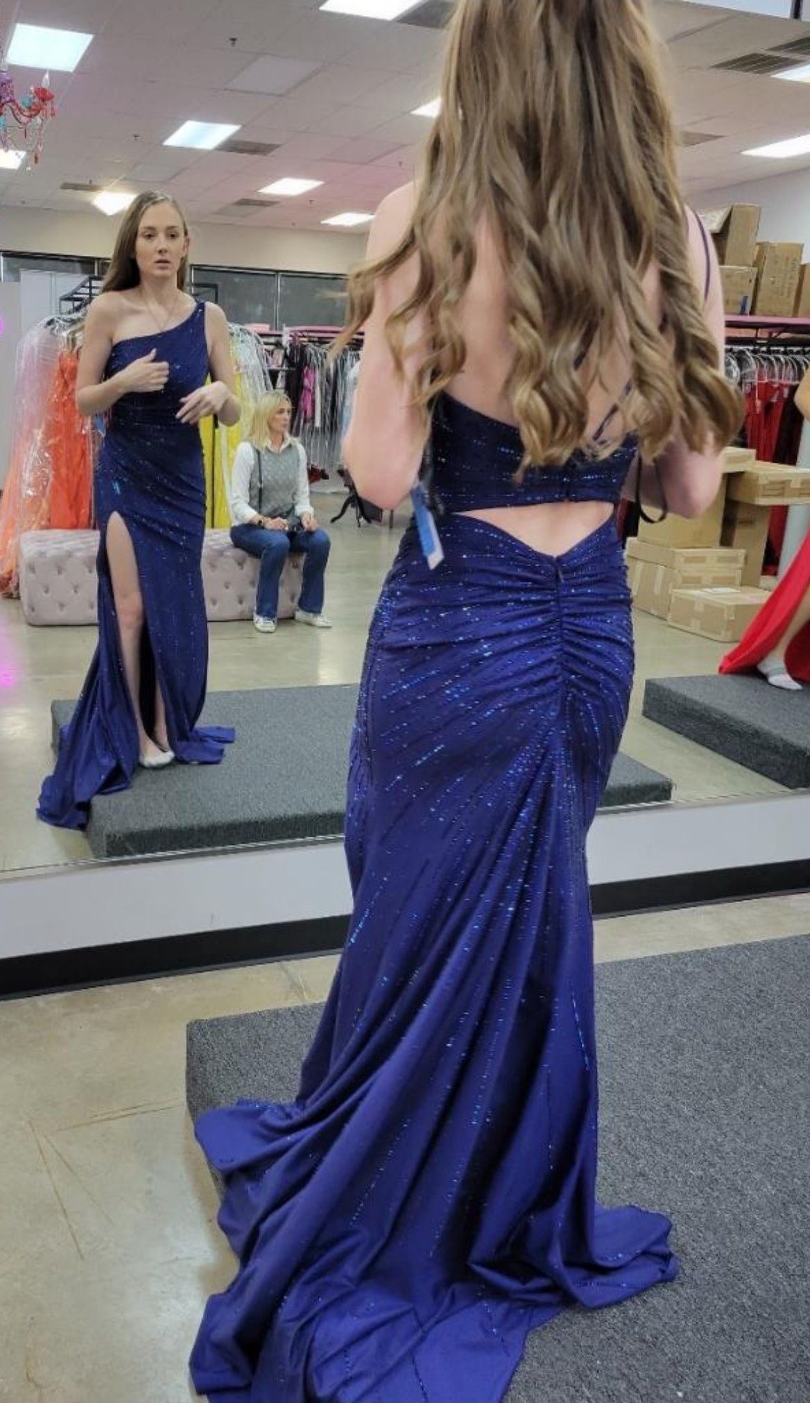 Sherri Hill Size 2 Prom One Shoulder Navy Blue Side Slit Dress on Queenly