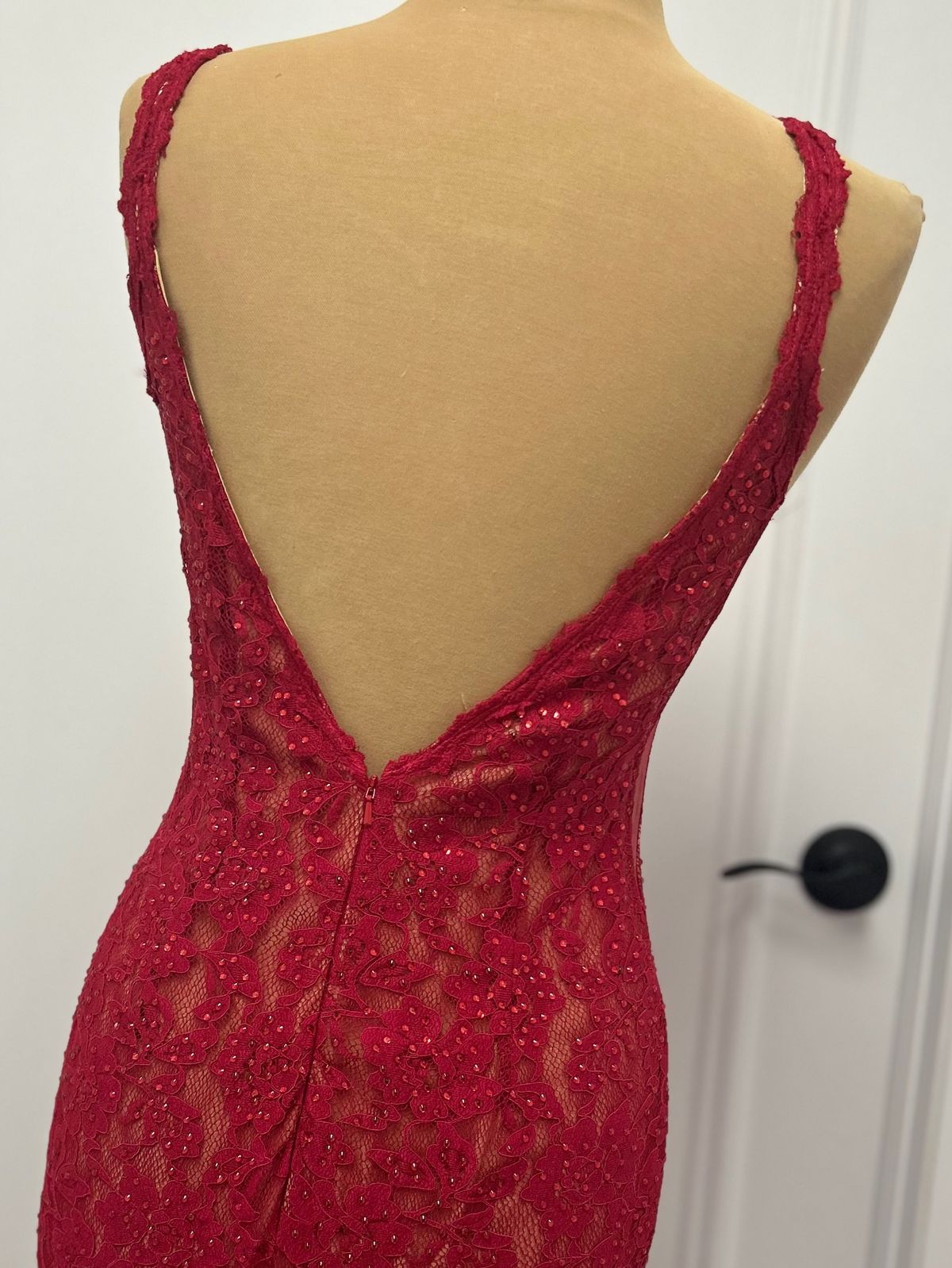 Style 48994A Jovani Size 10 Plunge Lace Red Mermaid Dress on Queenly