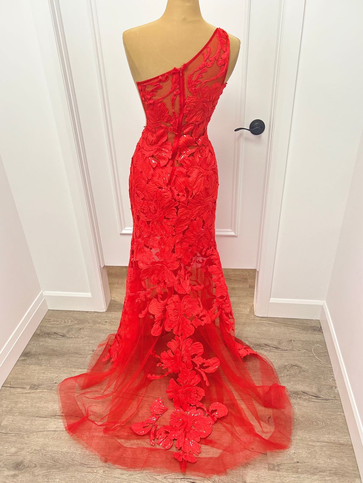 Style 02895A Jovani Size 6 One Shoulder Sheer Red Mermaid Dress on Queenly