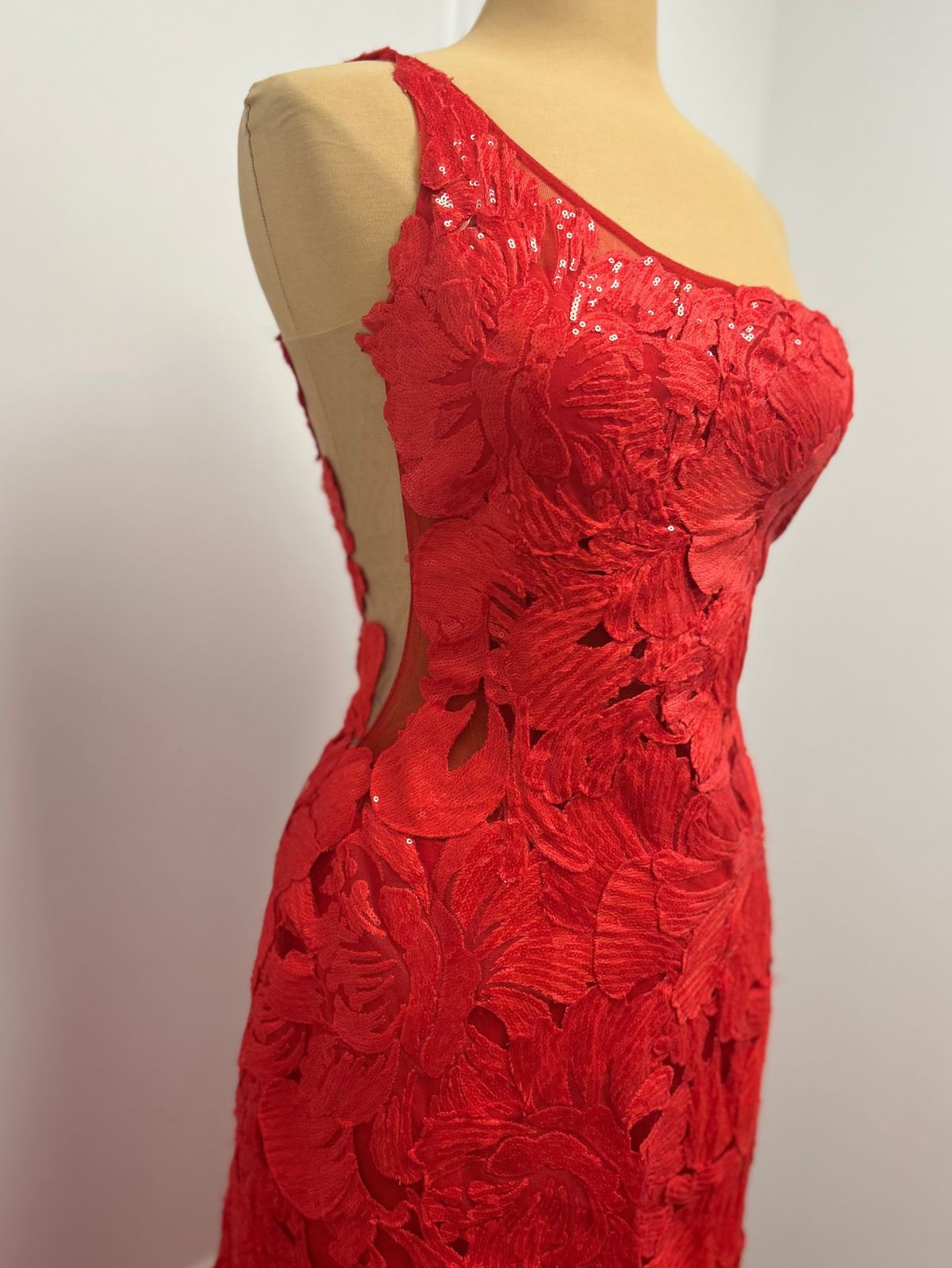Style 02895A Jovani Size 6 One Shoulder Sheer Red Mermaid Dress on Queenly